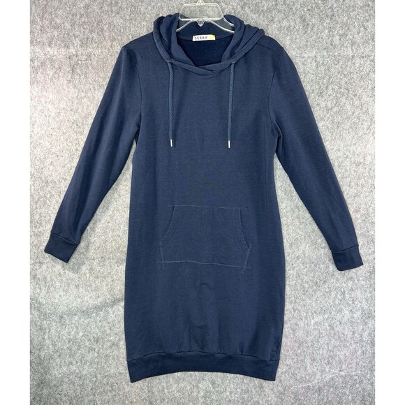 Serra Women's Size M Blue Drawstring Neck Knit Stretch Pullover Hoodie Dress - Picture 1 of 9